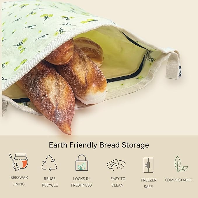 Reusable Beeswax Bread Bags, 2 Pack 16.6x12.6in Large-Organic Cotton for Sourdough Bread Homemade, Freezer Storage to Keep Fresh