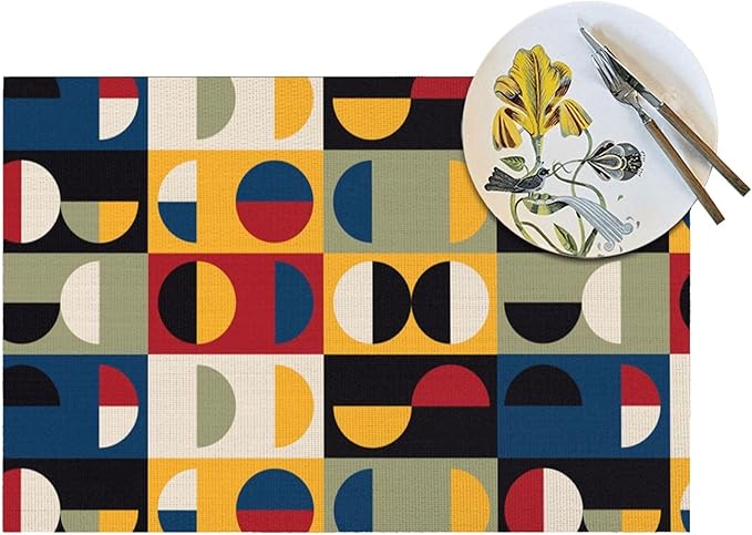 Retro Mid Century Modern Placemats Set of 4 Linen Washable Non-Slip Heat-Resistant Decorative Kitchen Table Mats for Dining Outdoor Home Decor 12x18 Inch