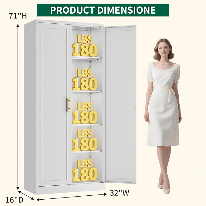 CJF 71" H Metal Kitchen Pantry Storage Cabinet, Freestanding Cupboard with 2 Doors and 4 Adjustable Shelves, Standing Storage for Kitchen, Bathroom, Garage, Dinning Room or Utility Room（White）