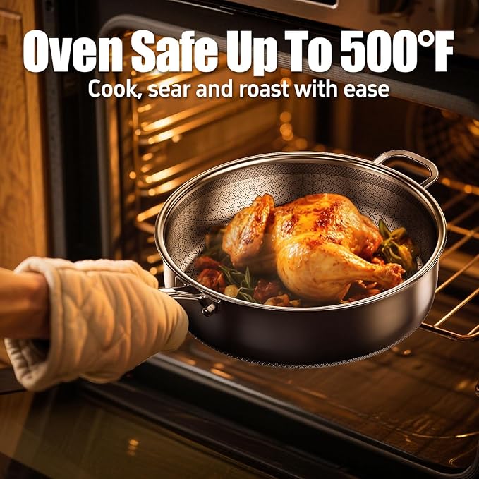 5 Qt Saut챕 Pan with Lid, 10-inch 5 Ply Stainless Steel Sauce Pan with Lid, Non Stick Frying Pans, Cooking Pot Deep Frying Pan Non-Toxic, For Induction, Oven, Dishwasher Safe