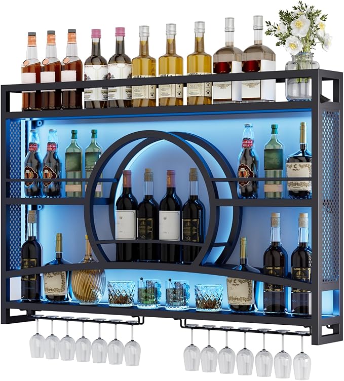 Boshen 3-Tiers 46in Wine Rack Wall Mounted with LED Light, Sunset Shape Hanging Bar Liquor Wall Shelves with Glass Holder Metal Display Rack for Kitchen Coffee Dining Room Home, No Assembly Required