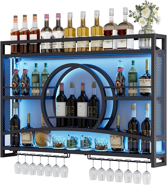 Boshen 3-Tiers 46in Wine Rack Wall Mounted with LED Light, Sunset Shape Hanging Bar Liquor Wall Shelves with Glass Holder Metal Display Rack for Kitchen Coffee Dining Room Home, No Assembly Required
