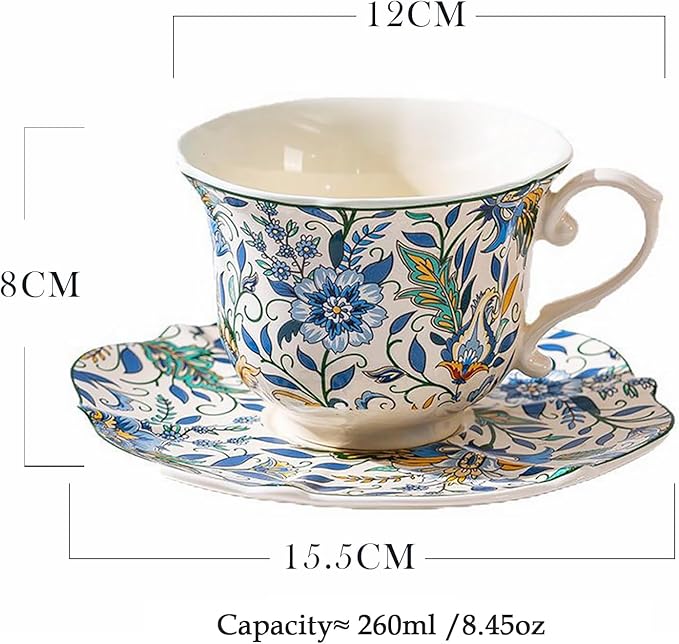 Vintage Floral Ceramic Tea Cups and Saucers,8.45 oz/260ml Small Breakfast Milk Coffee Mugs Colorful Flowers