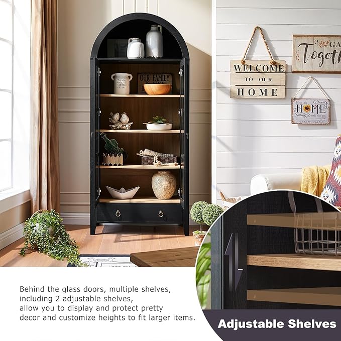 71" Tall Arched Cabinet, Modern Farmhouse Wooden Display Cabinet with Drawer and Glass Doors, 6 Tier Bookshelf w/Adjustable Shelves for Living Room, Office, Black