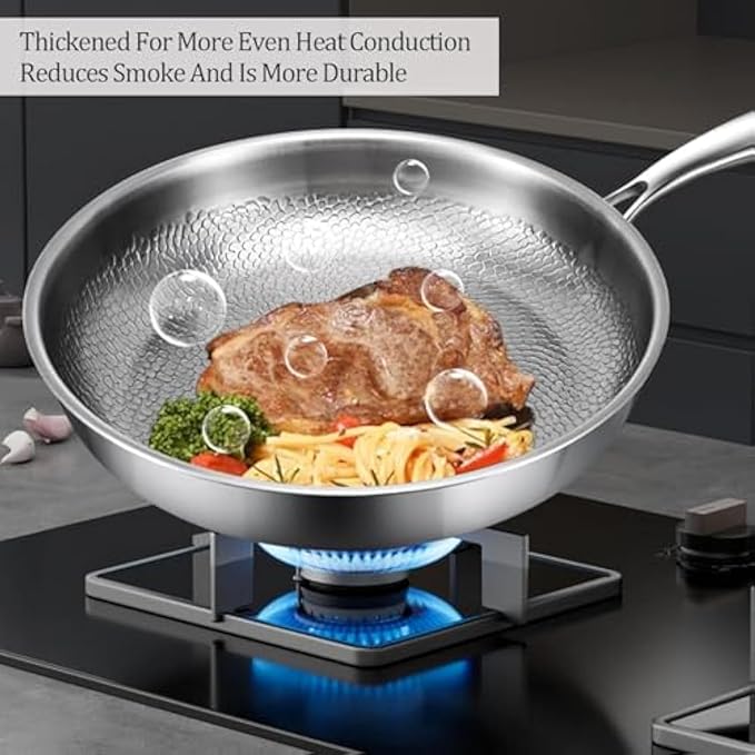 Stainless Steel Hammered Pan Pro, Titanium Full-Screen Honeycomb Wok, Fast Heating, Non-Stick Titanium Pan Without Coating, Includes Spatula and Cleaning Brush for All Cooktops (11in hammered*2)