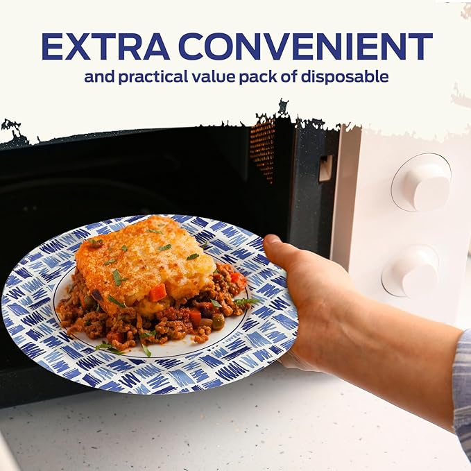 PAMI Heavy-Duty Large Disposable Microwave-Safe Paper Dishes, Oil Water Cut Resistant, Sturdy Uncoated (10 Inch Plate 200 Blue)