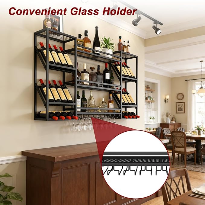 Wall-Mounted Wine Rack, 3-Tier Wine Bottle Display Shelf with Glass Holder, Metal Wine Rack Wall Mounted for Home Bar Kitchen Dining Room Coffee Shop (Black, 55in)