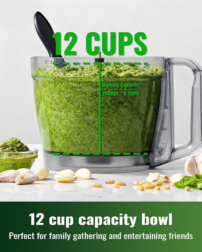 TWOMEOW Food Processor, 4 Programs & Pulse,1000W Max Power,12 Cups Total Volume for Slicing, Mincing, Dicing, Shredding, Puree, Dough and Vegetable Chopper Clean Bowl Scraper, Stainless Steel