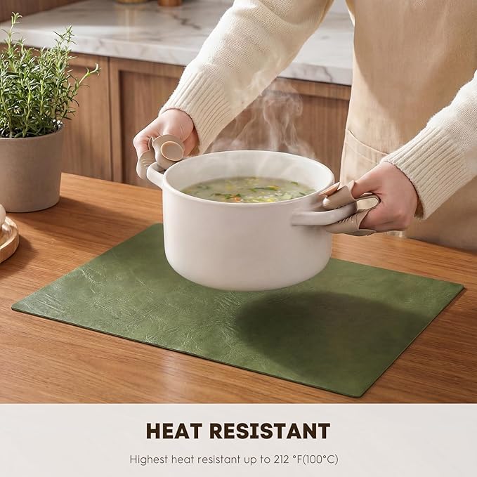 Artoid Mode Olive Green Faux Leather Placemats Set of 6, 12x18 Inch Waterproof Wipeable Heat Resistant Place Mats, Reversible Table Mats for Kitchen Dining Decor