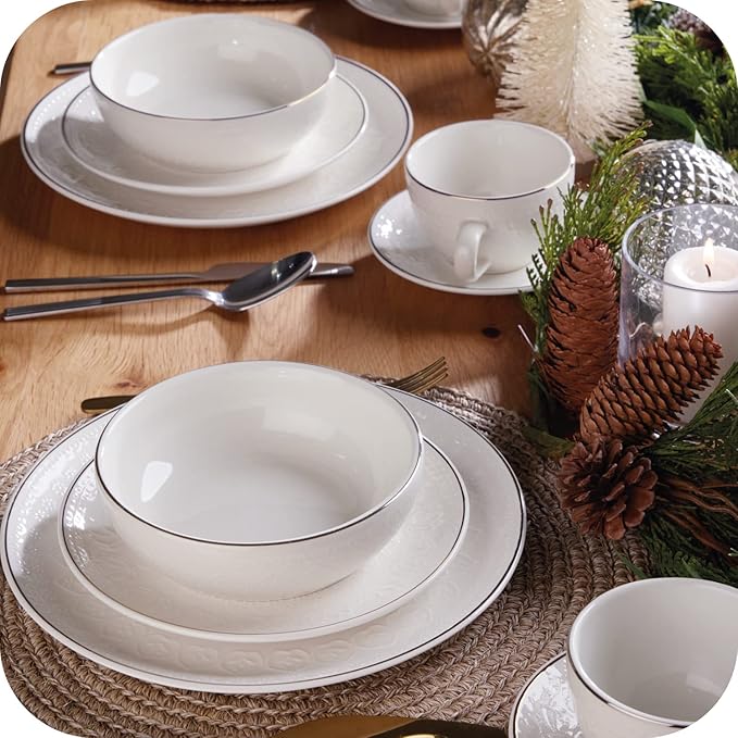 Corona 20?뱎iece Silver-Rim Elegant Embossed Floral Pattern Ceramic Dinnerware Sets, Plates Bowls and Cups, Service For 4, Harmony