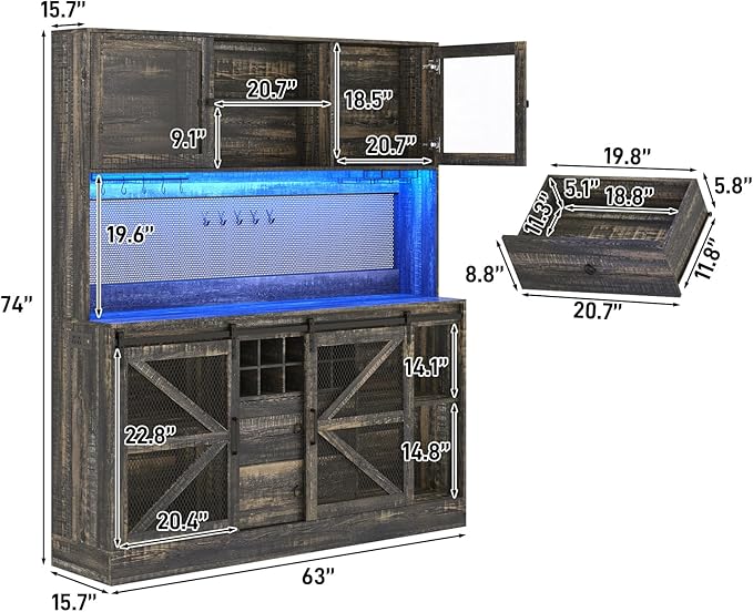 63"Wide 74"H Farmhouse Coffee Bar Cabinet w/ LED Light,Wine Bar Cabinet w/ Storage Hutch,Pegboard,Drawers,Kitchen Buffet Cabinet w/Sliding Barn Door & 10 Wine Glass Racks for Kitchen Dining Room
