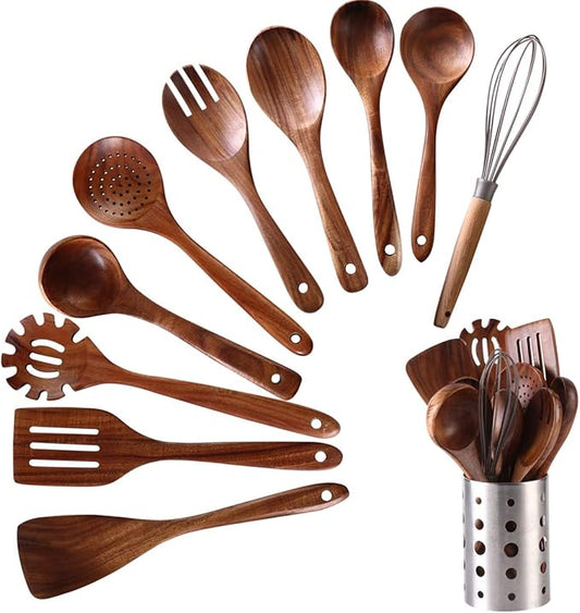 11Pcs Wooden Cooking Utensils Set, Teak Wooden Spoons for Cooking, Comfort Grip - Sturdy - Non Stick Wooden Spatulas for Stirring, Cooking, Kitchen Utensils Set with Stainless Holder