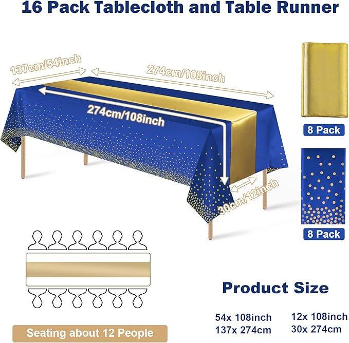 16Pack Disposable Plastic Tablecloths and Satin Table Runner Set Blue and Gold Dot Tablecloth Gold Satin Table Runner for Wedding Birthday Baby Shower Anniversary Christmas New Year Party Decorations