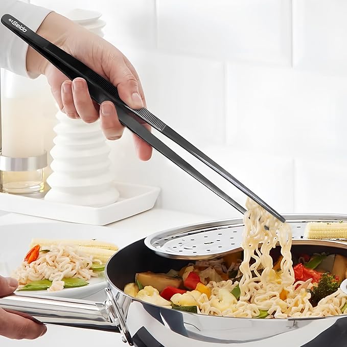 Seido 2-Piece Serving Tweezer Set 12-Inch ??Professional Stainless Steel Kitchen Tongs with Fine Tip & Flat Tip, Non-Slip Grip, Heat-Resistant Precision Tools for Cooking, Plating & Garnishing