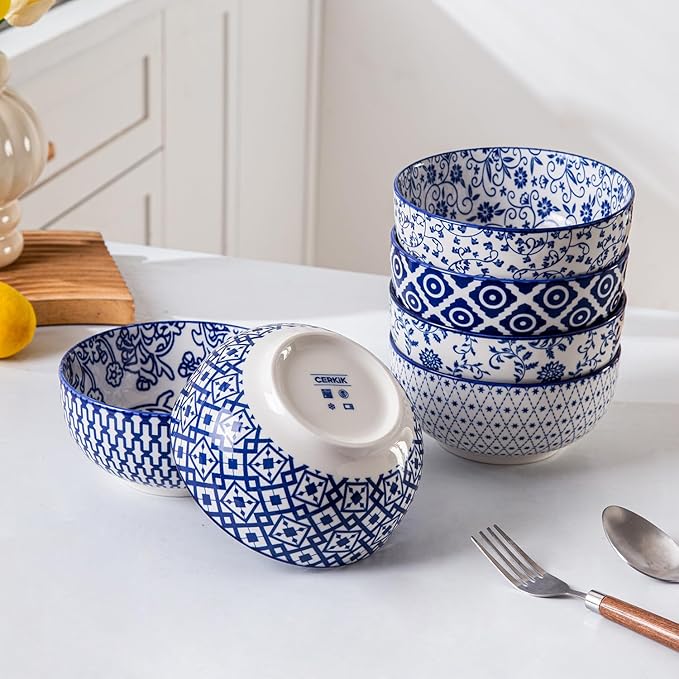 Cerkik Ceramic Soup Bowls Set - 23 Oz Deep Cereal Bowl for kitchen - 6 Inch Porcelain Salad Bowl for Pasta, Dessert, Ramen - Microwave Dishwasher Safe - Set of 6 - Vintage Blue