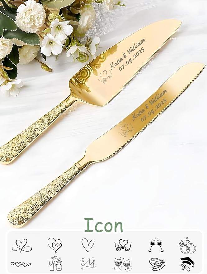 HJX Personalized Cake Knife and Server Set for Wedding - Engraved Stainless Steel Cake Cutting Set, Custom Elegant Cake Cutter Gift for Anniversary Birthday (03-Dark pattern flower)