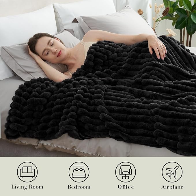 Am챕lie Home Faux Fur Throw Blanket for Couch, Cozy Fuzzy Fluffy Fur Luxurious Soft Striped Plush Gift Blankets for Family Sofa Chair Bedroom, 55"x70", Black