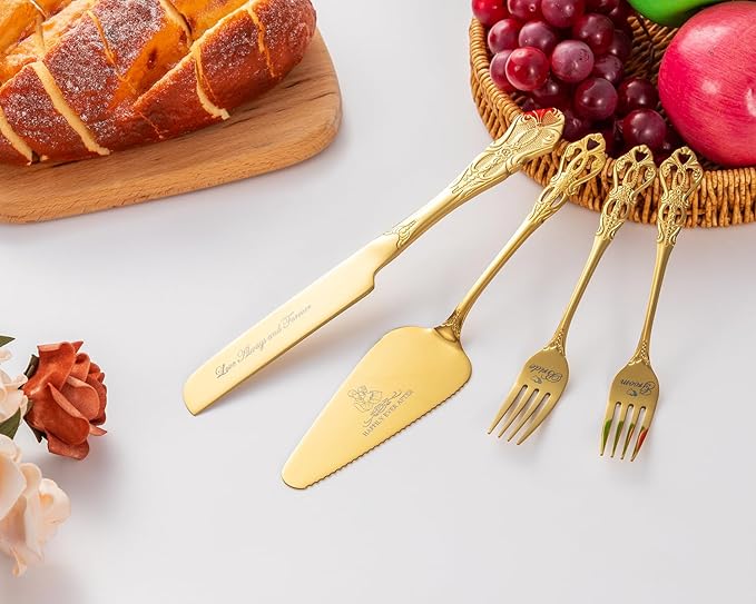 Cake Cutting Set for Wedding, Gold Wedding Cake Knife and Server Set, 4 Pieces pizza spatula and Knife with Forks for Engagements, Anniversaries