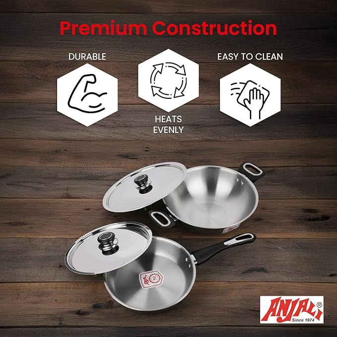 ANJALI Fiesta Pro Stainless Steel Fry Pan & Kadai Set ??8.7 Inch Frying Pan and 10.2 Inch Kadai ??Induction & Gas Compatible Cookware with Stay-Cool Handles
