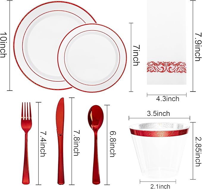 WELLIFE 700 Pcs Red Plastic Plates for 100 Guests - Plastic Dinnerware Set,Party Supplies Includes 200 Red Disposable Plates,300 Silverware,100 Napkins,100 Cups