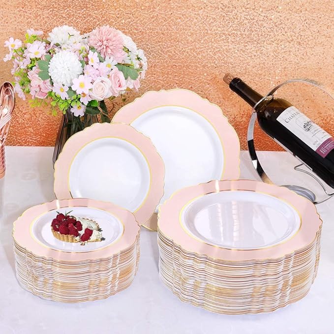 WDF 60pcs Pink Dessert Plates - 7.5inch Baroque Pink &White Disposable Dessert/Appetizer Small Cute Cake Plates for Upscale Parties &Wedding-Special for Bridal Shower, Brithday, Valentine's Day