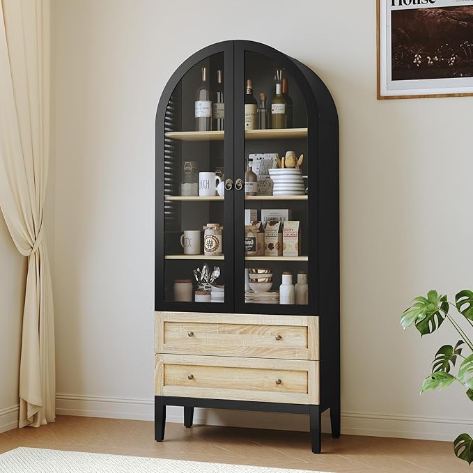 HLR 71" Tall Arched Storage Cabinet, Modern Farmhouse Black Kitchen Pantry Cabinet with Glass Doors and 2 Drawers, Versatile Display Cabinet for Kitchen, Dining Room, Living Room