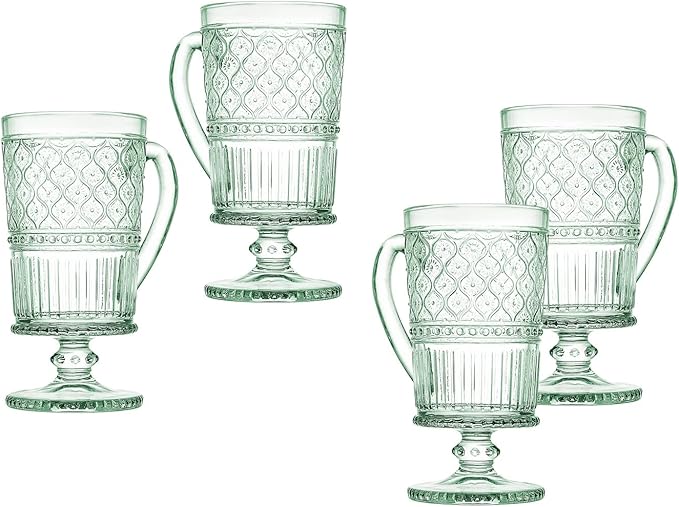 Godinger Glass Coffee Mugs, 12 oz, Green, Set of 4, Claro Collection, Coffee Cups with Handle, Vintage Decor, Microwave Safe, Reusable