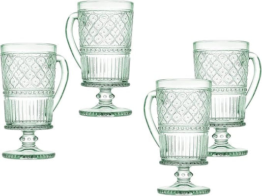 Godinger Glass Coffee Mugs, 12 oz, Green, Set of 4, Claro Collection, Coffee Cups with Handle, Vintage Decor, Microwave Safe, Reusable