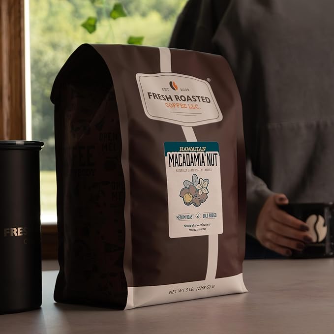 Fresh Roasted Coffee, Hawaiian Macadamia Nut Flavored Coffee, 5 lb, Medium Roast, Kosher, Ground