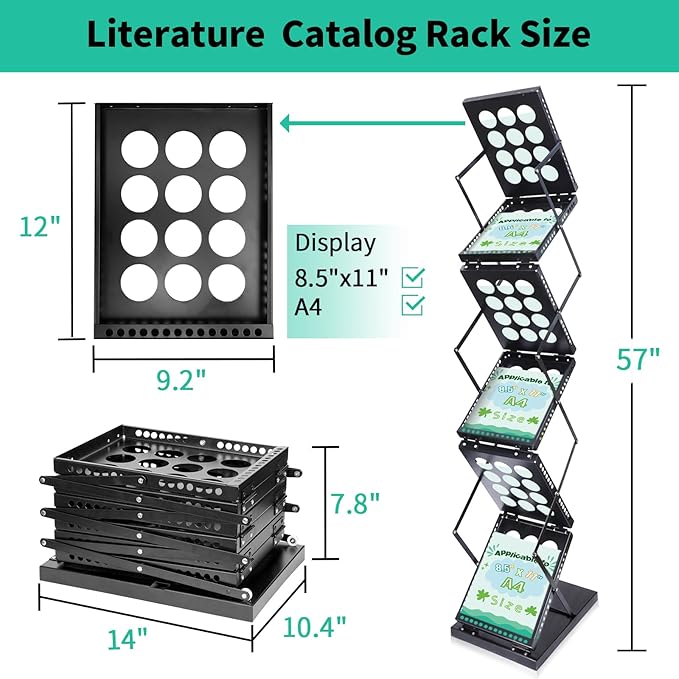 Folding Literature Rack, 6 Pockets Metal Brochure Holder Stand Floor Standing Magazine Rack竊똃ouble-sided Display Flyer Holder Stand Literature Stand for Trade Show Office Store Home