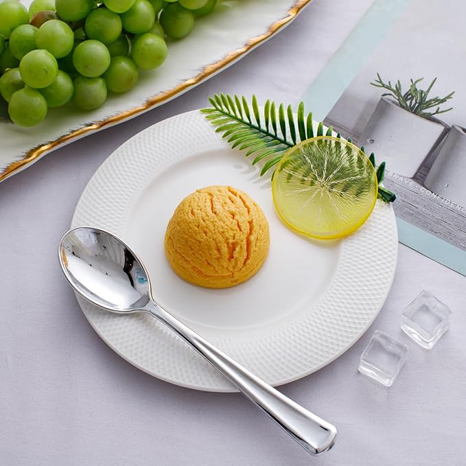 WDF 100 Pack Silver Plastic Spoons Disposable - 6.9 Inch Silver Spoons Heavy Duty Plastic Spoons, Modern Silver Disposable Spoons Perfect for Party Wedding Valentine's Day