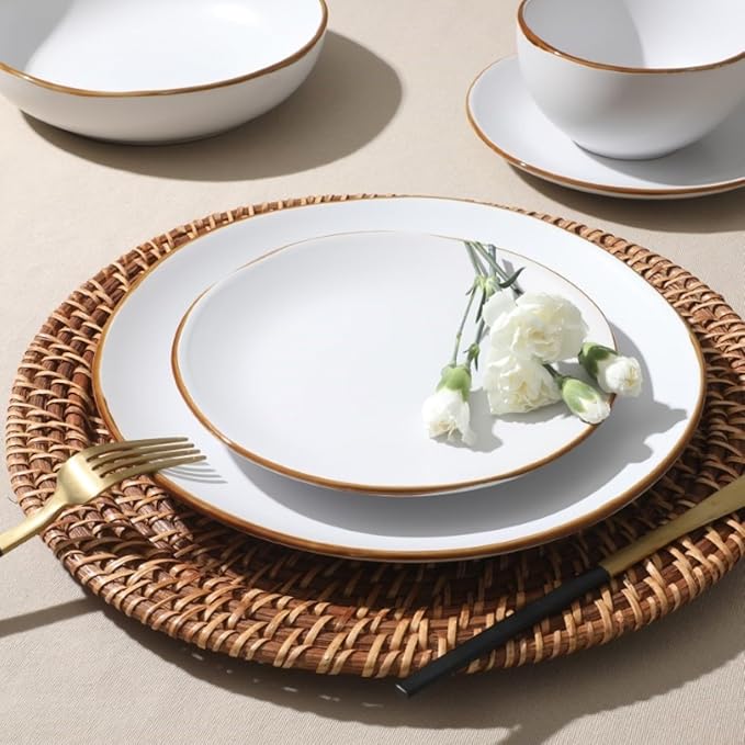 Gibson Home Hazeltine 16-Piece White Stoneware Dinnerware Set ??Plates and Bowls, Durable Ceramic Kitchen Dinner Set