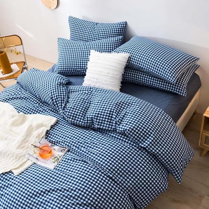 LifeTB Gingham Comforter Set Full 3 Pieces Royal Blue Grid Plaid Comforter Set Soft Fluffy Checkered Pattern Comforter with 2 Pillowcases Farmhouse Gingham Bedding Comforter Full Size for All Season