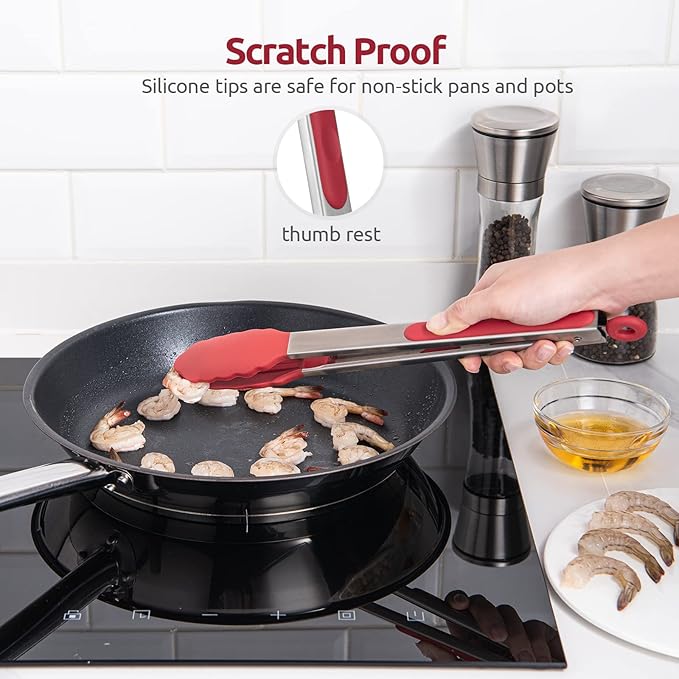 600쨘F Heat Resistant Kitchen Tongs: U-Taste 12 inch Large Silicone Cooking Tong with Sturdy Non Stick Rubber Tips & Silicon Coated 18/8 Stainless Steel Handle & Smooth Locking for Serving Grill (Red)