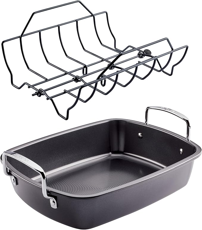 Circulon Ultra Lasting Nonstick Roaster/Roasting Pan with Easy Serve Rack, 17 Inch x 13 Inch, Black
