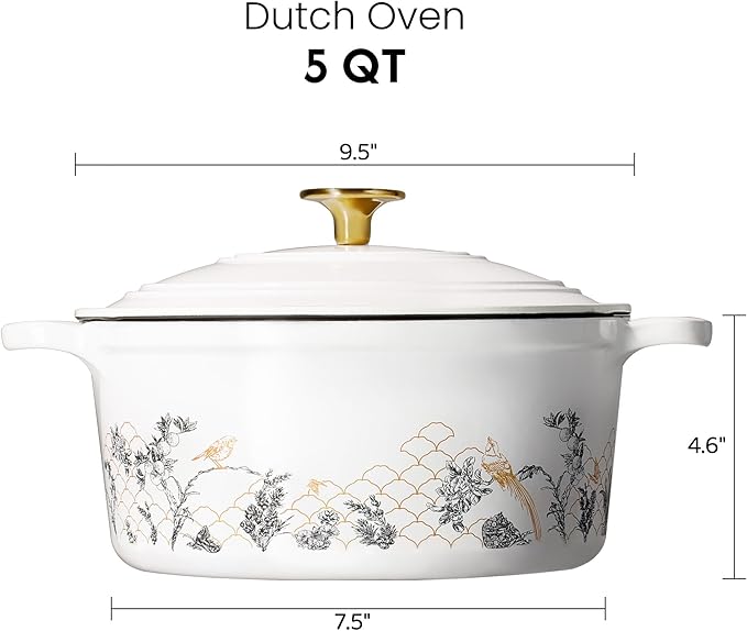 CAROTE 5QT Cast Iron Dutch Oven Pot with Lid, Enameled Floral Dutch Ovens with Gift Box, Cast Iron Pot for Sourdough Bread Baking, Braising, Stews, Roasting, Dual Handles, Healthy & Non-Toxic, All Stovetop Compatible, Oven Safe up to 500째 F, White