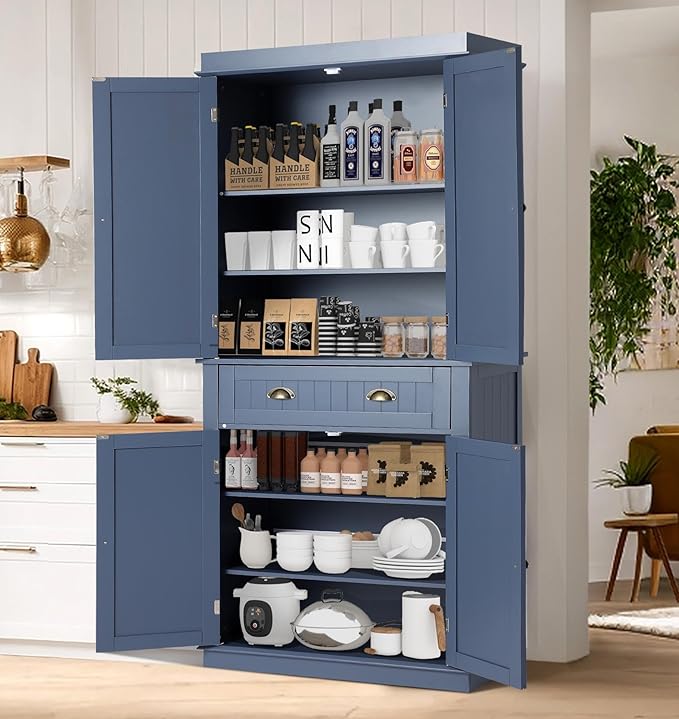 72" Kitchen Pantry Storage Cabinet, Freestanding Cupboard with 2 Cabinets, Drawer and Adjustable Shelves, Tall Storage Cabinet for Kitchen, Dinning Room, Living Room (Dusty Blue)