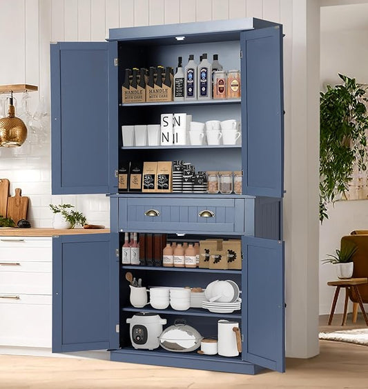 72" Kitchen Pantry Storage Cabinet, Freestanding Cupboard with 2 Cabinets, Drawer and Adjustable Shelves, Tall Storage Cabinet for Kitchen, Dinning Room, Living Room (Dusty Blue)