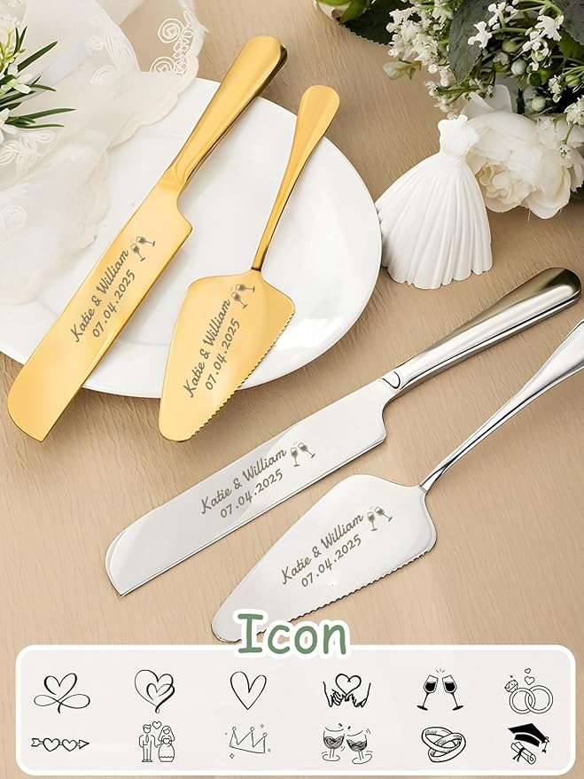 HJX Personalized Cake Knife and Server Set for Wedding - Engraved Stainless Steel Cake Cutting Set, Custom Elegant Cake Cutter Gift for Anniversary Birthday (01-Foundation)