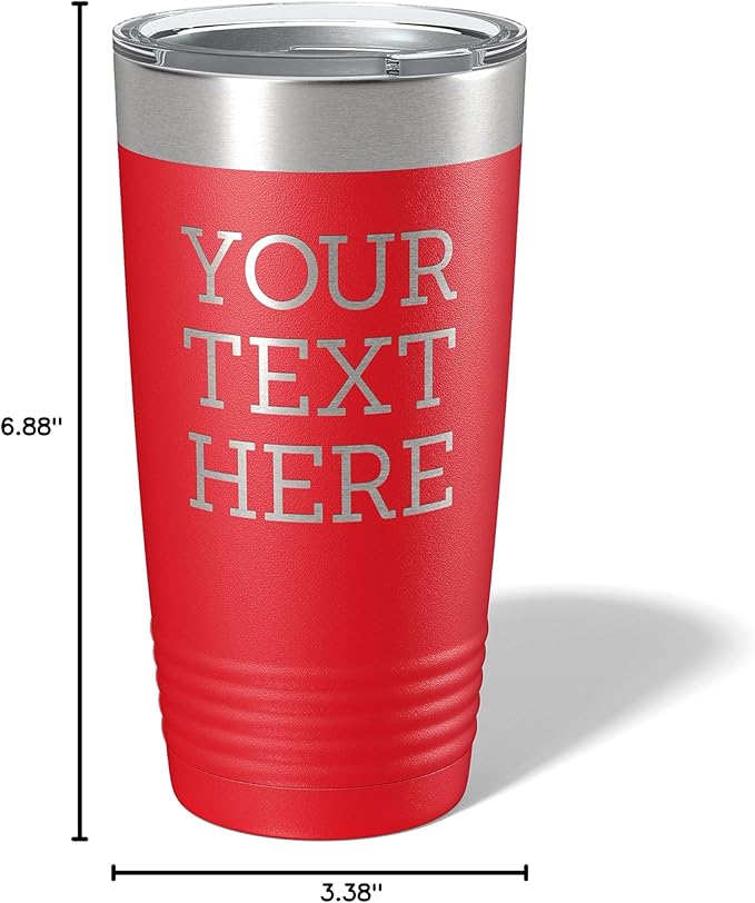 Personalized 20oz (17 Colors) Powder Coated Insulated Stainless Steel Tumbler with Lid, Custom Etched, Customized Text Message Name, Engraved Gift Idea Women Men Him Her, Your Text Here (Red)