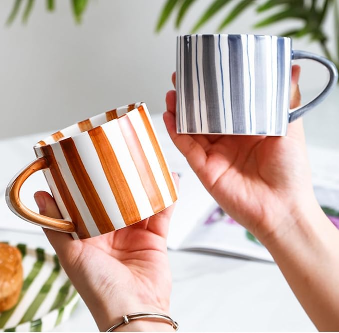 Retro Striped Hand-Painted Ceramic Mark Hand-Held Cup, Retro Striped Ceramic Coffee Mug, 9 oz Hand-Painted Stripeds Ceramics Coffee Mug with Cups, Saucers and Plates (Blue)
