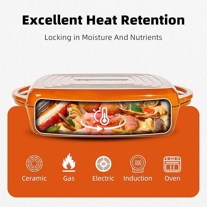 2-in-1 Square Enameled Cast Iron Dutch Oven 7QT Baking Pan and Gridle Lid with Dual Handles, Cast Iron Skillet lid, Coating Gridle for Baking, Braising and Grilling - Orange