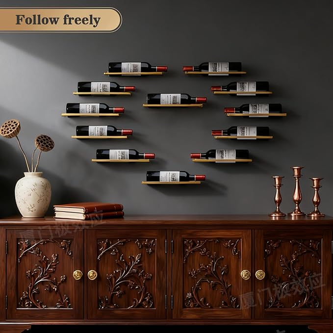 6-Shelf Metal Wall Mounted Wine Rack - Hanging Wine Bottle Holder Organizer for Kitchen, Bar, Home Storage - 6PCS Iron Wine Bottle Display Stand (6PCS-Gold)