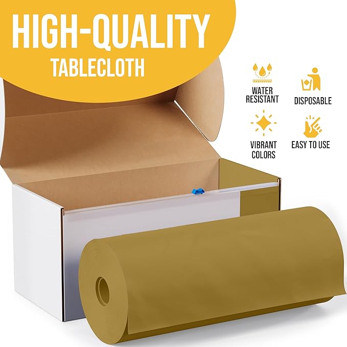 Party Solids 54 Inch X 100 Feet Gold Plastic Table Cover Roll in A Cut - to - Size Box with Convenient Slide Cutter. Cuts Up to 12 Rectangle 8 Feet Plastic Disposable Tablecloths