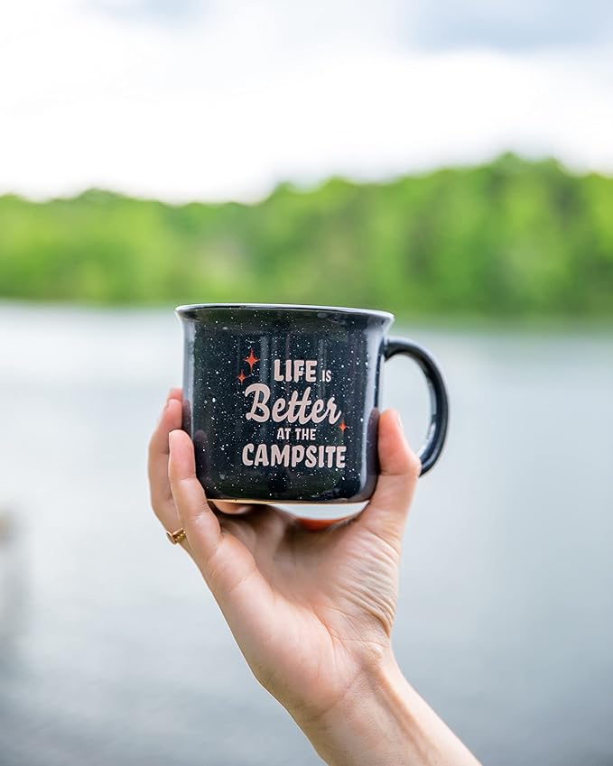Camco Life is Better at The Campsite Ceramic Coffee Mug - Microwave and Dishwasher Safe - Features Speckled Blue Background with Life is Better at the Campsite Design - Coffee Cup Holds 14oz. (53473)