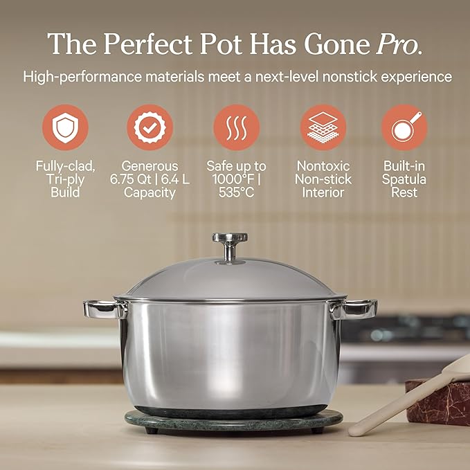 Our Place Titanium Perfect Pot Pro | 6.75 Qt Stock Pot with Lid & Silicone Spoon | PFAS-Free Nonstick, Fully-Clad Tri-Ply Stainless Steel & Aluminum | Induction & Oven-Safe up to 1000째F | Chrome