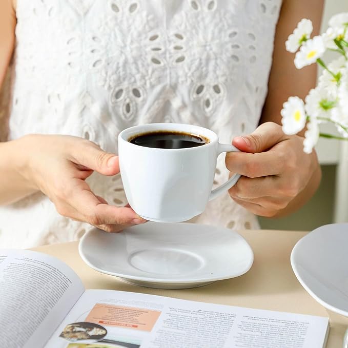 6.5 Ounce Porcelain Espresso Cups and Saucers Set of 6, Ceramic Cappuccino Demitasse Mugs Square Stackable Coffee Cup with Saucer Set for Coffee Drink, Espresso, Latte, Cafe Mocha and Tea Party, White