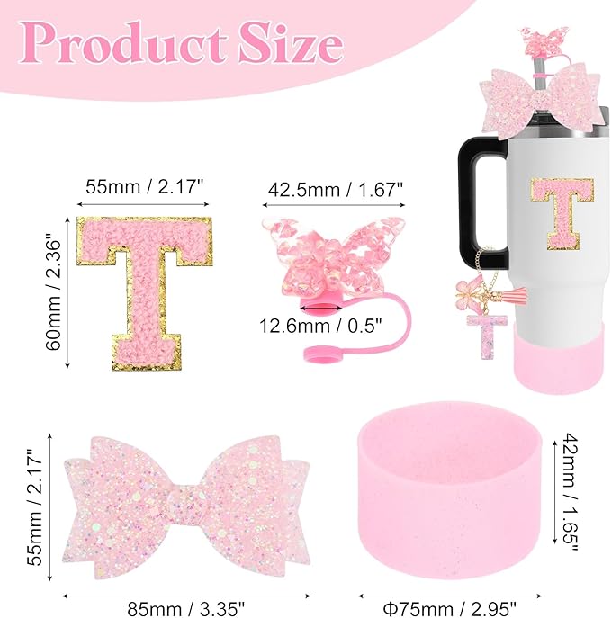 uxcell 8Pcs Cup Accessories Set for Cup Tumbler with Handle, Including Silicone Straw Cover, Boot, Spill Proof Stopper, Handle Charm, Initials Sticker(Letter T, Pink)