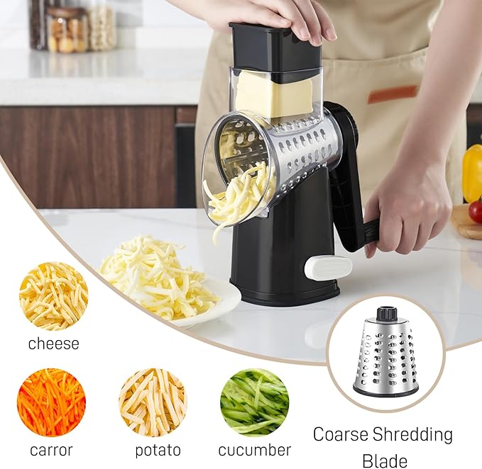 Weltonhm Rotary Cheese Graters with 4 Blades, Hand Crank Cheese Grater with Waffle Slicer, Red, Black and White Cheese Shredder with Suction Base, Easier for Shredding & Grating (Black, 4 Graters)