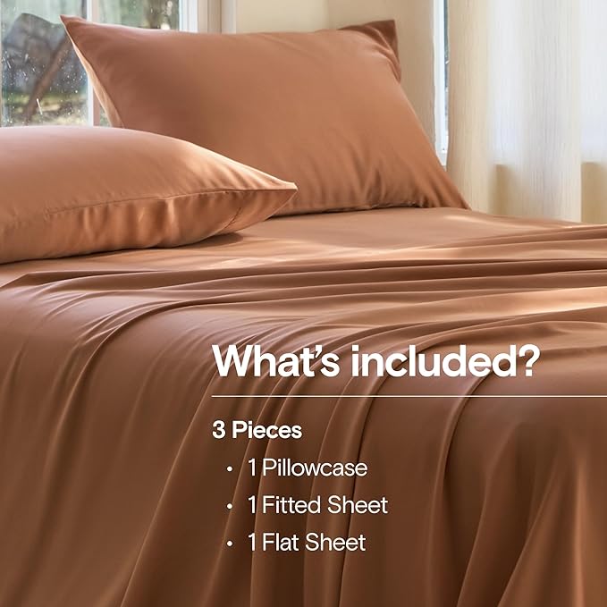 DOZ Sheet Set, 100% Viscose derived from Bamboo, Organically Grown, Buttery Soft, Cooling Sheets, High GSM, Deep Pockets - 3 Piece - 1 Pillowcase 1 Fitted Sheet 1 Top Sheet (Clay, Twin)